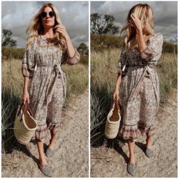 Cleobella Bohemian Midi Dress in Cream and Brown